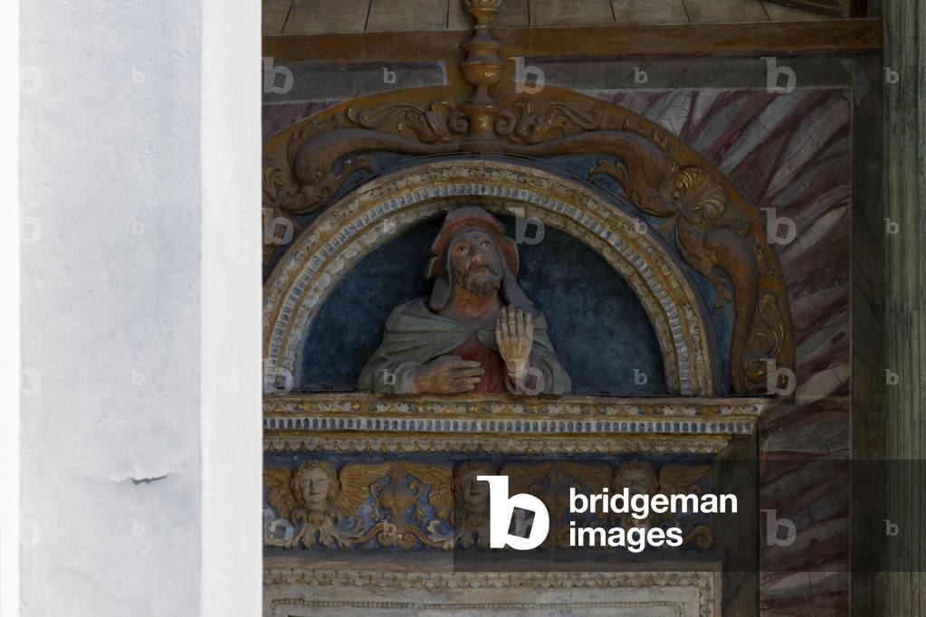 Cathedral Santa Maria Assunta, Atrium of the façade (16th century) with terracotta statues and frescoes referring to the Virgin Assunta, Aosta, Valle D'Aosta, Italy (photo)