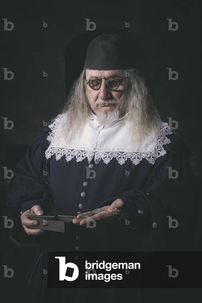 17th century, North Italy: country militia. Reconstructive hypothesis civil and military uses and customs. Portrait of cerusico, Verrua Savoia, Turin, Piedmont, Italy (photo)