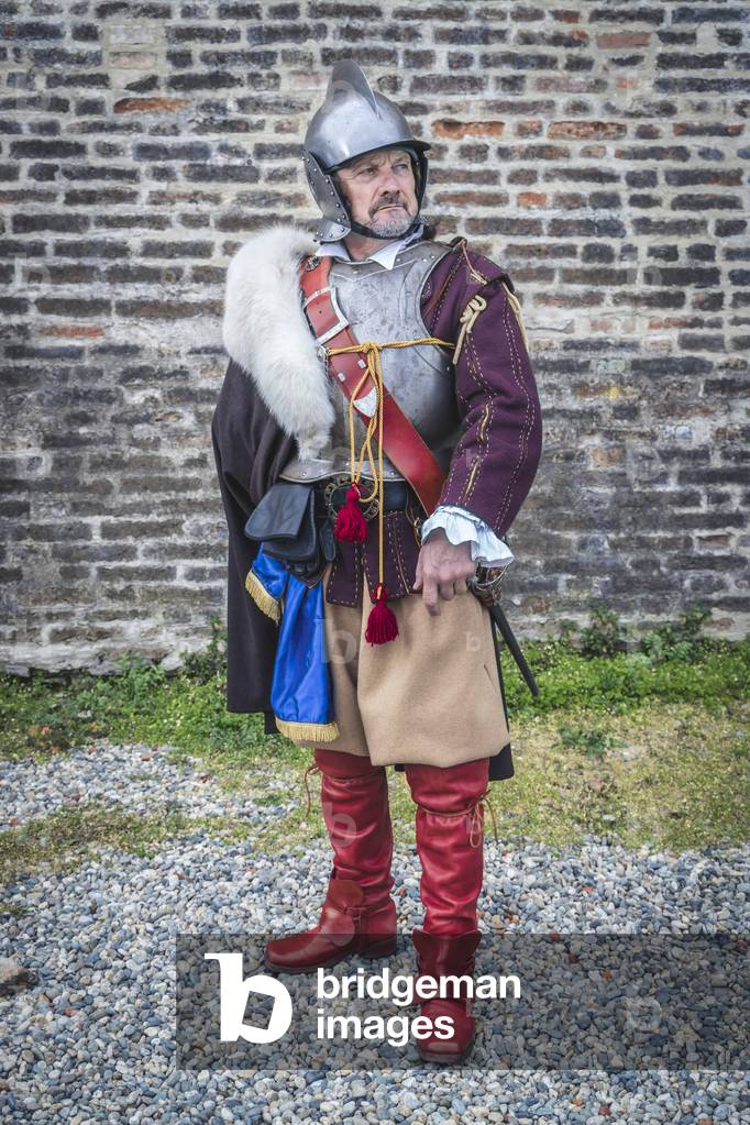 17th century, North Italy: country militia. Reconstructive hypothesis civil and military uses and customs. Portrait of captain of the village Militia, Varrua Savoia, Piedmont, Italy (photo)