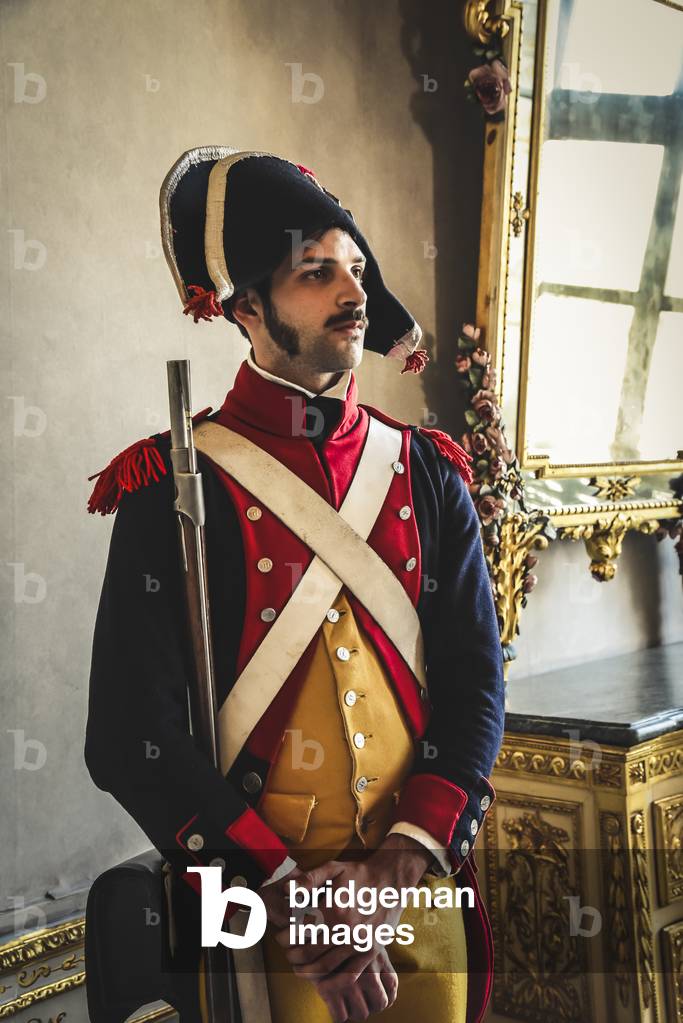 At the court of Napoleon: portrait of gendarme of the Napoleonic army, Niichelino, Piedmont, Italy (photo)