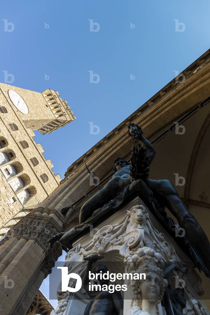 Piazza della Signoria, Palazzo Vecchio, Loggia dei Lanzi, Statue of Perseus with the head of Medusa (Benvenuto Cellini), Florence, Tuscany, Italy, 2020 (photo)