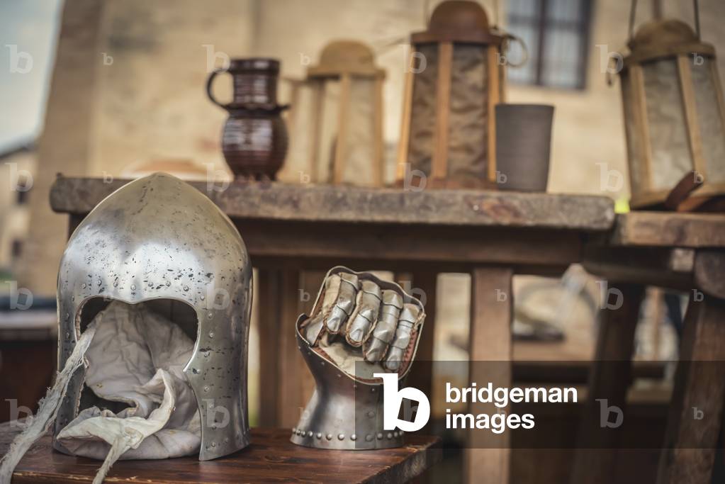 Second half of the 14th century: Camp: in the foreground helmet and knob, Marimondo, Milan, Italy (photo)
