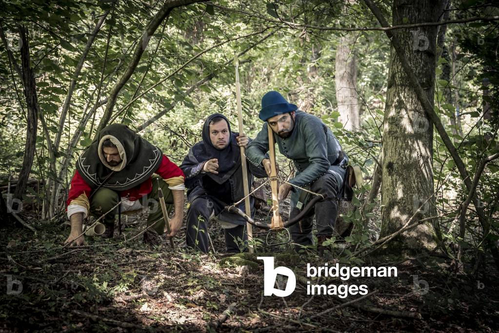 Hunting for wild boar: traces of prey are sought, Daily life early 15th century, Northern Italy, Piedmont, Italy (photo)