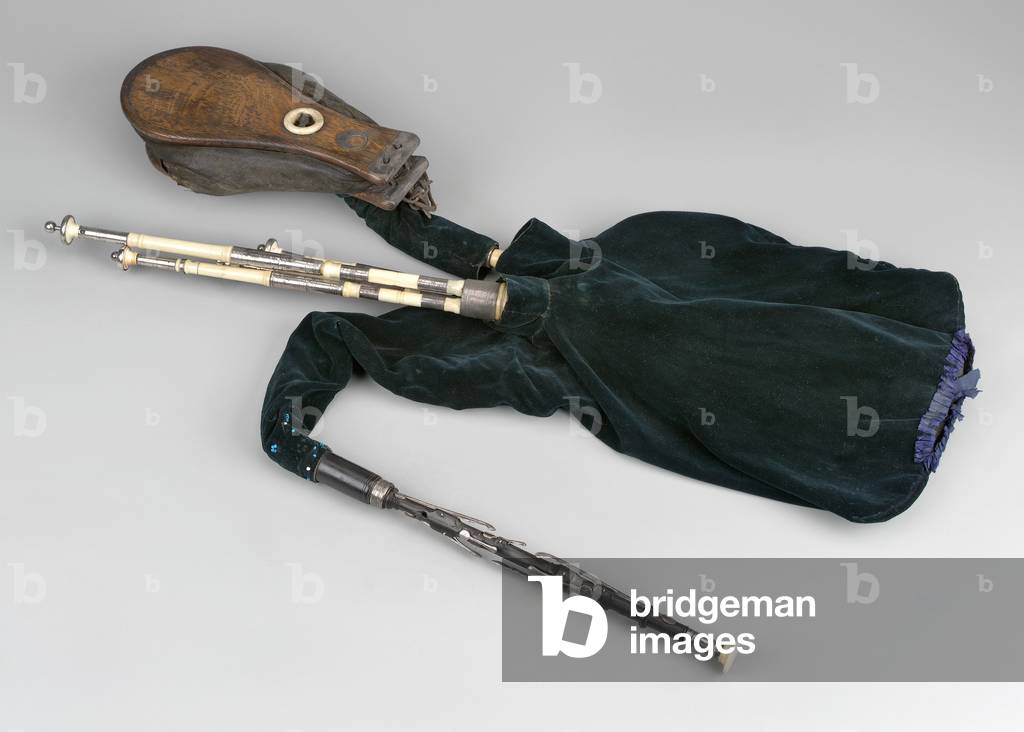 Northumbrian Pipes, mid C19th (ivory, cocuswood, silver, leather, cloth)
