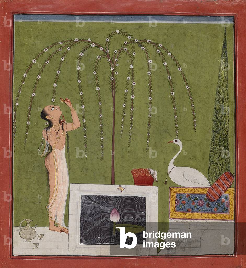Bathing Woman and a Stork, possibly from Mankot, in the Punjab Hills, c.1725-30 (opaque w/c, gold & silver on paper)