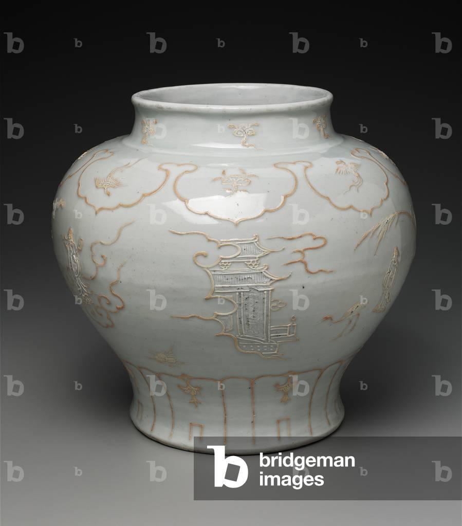 Large white jar with unglazed relief decoration of tales of Daoist immortals, early Ming dynasty, 14th century (porcelain)