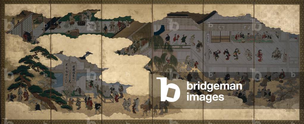 Scenes from the Nakamura Kabuki Theatre, one of a pair of six-panel folding screens, Edo period (ink & colour on gold-leafed paper) (see also 263984)