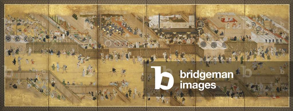 Amusements at the Dry Riverbed, Shijô, c.1661-73 (ink & colour on gold-leafed paper)