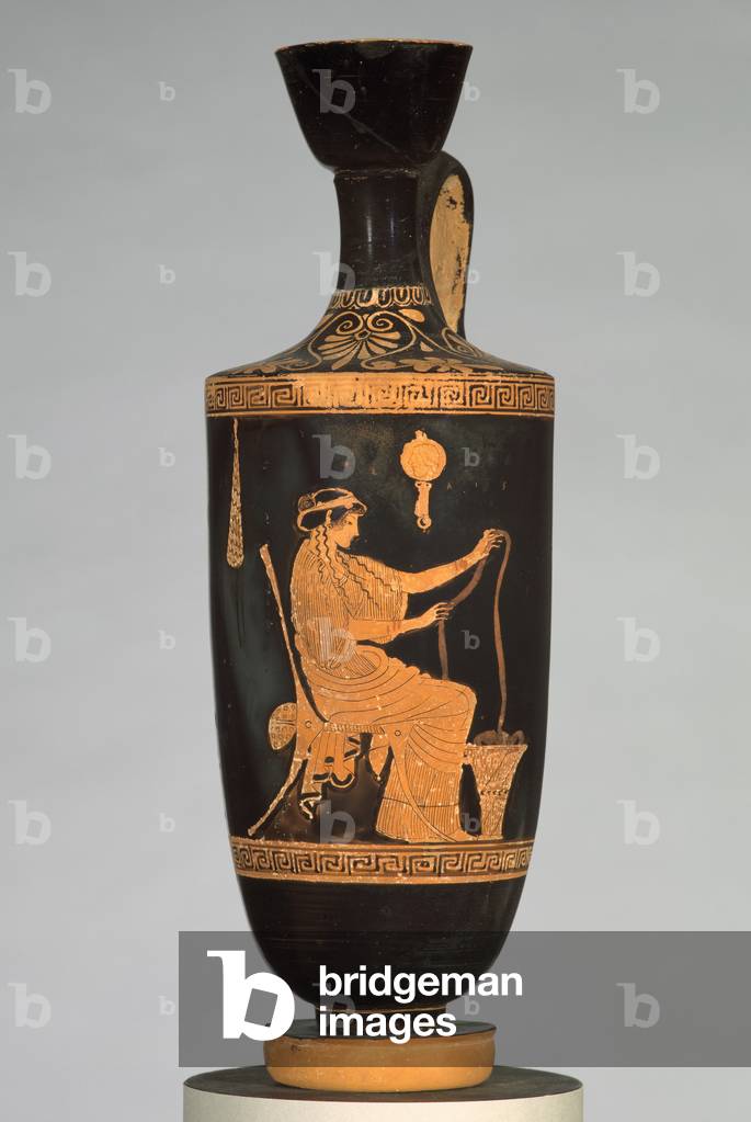 Oil flask (lekythos) with a woman working wool, c.480-470 BC (ceramic)