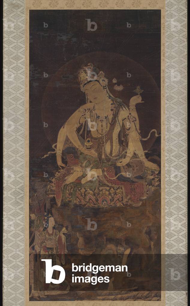 Nyoirin Kannon, the Bodhisattva of Compassion with the Wish-granting Jewel and the Magic Wheel (ink, colour, gold & silver on silk)