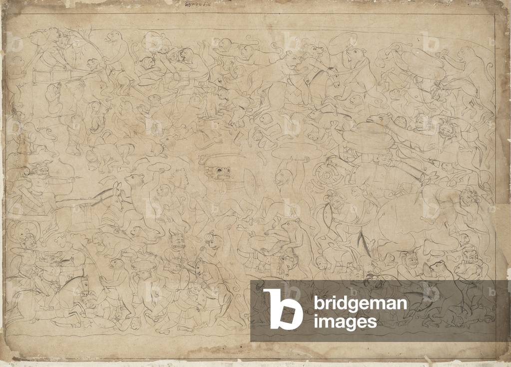 Bears and Monkeys Battle Raksasas, from Guler, Punjab Hills, c.1725 (ink on paper)