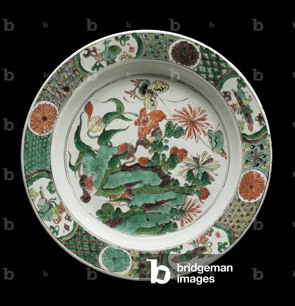 Deep dish with overglaze enamel (wucai) decoration of chrysanthemum, poppy, and butterflies (porcelain)