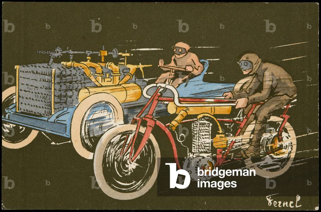 A race between a car and motorcycle, c.1903 (colour litho)