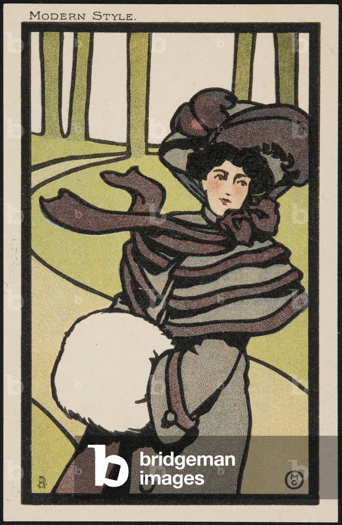 Woman walking (colour litho)