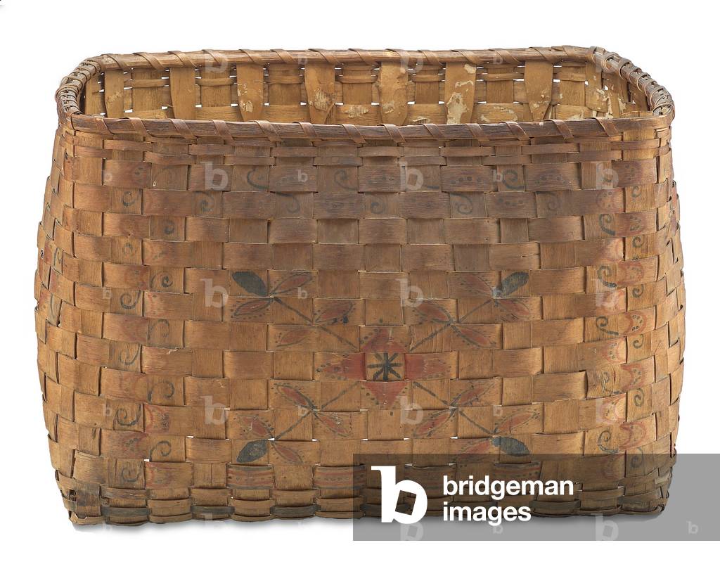 Storage basket, 1830s (ash bark with laundry bluing & Mohegan pink)