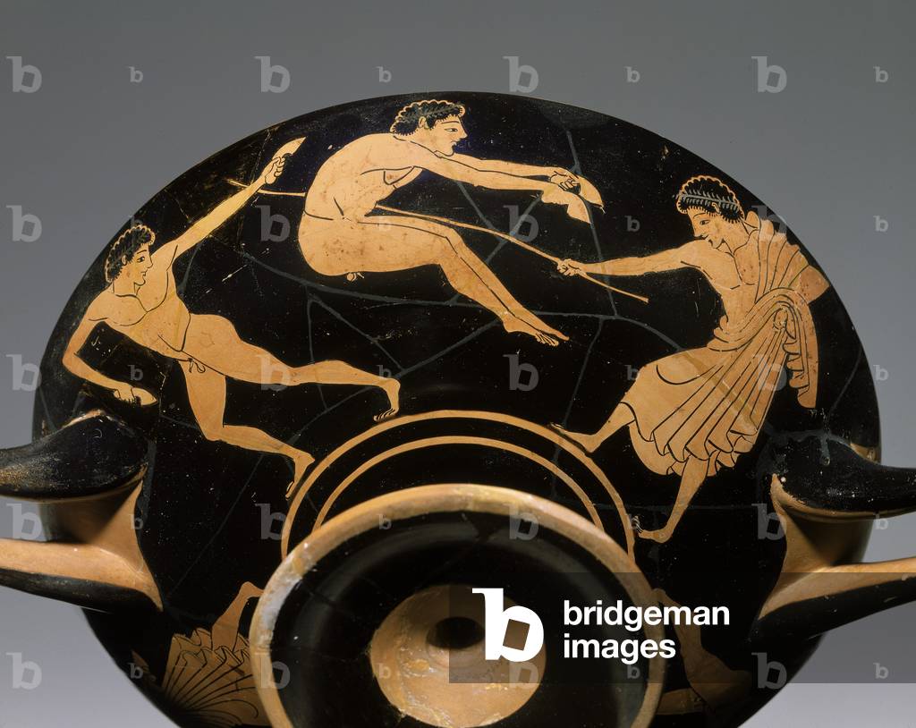 Drinking cup (kylix) depicting pentathletes, Late Archaic Period, Greek, 500-490 BC (ceramic)