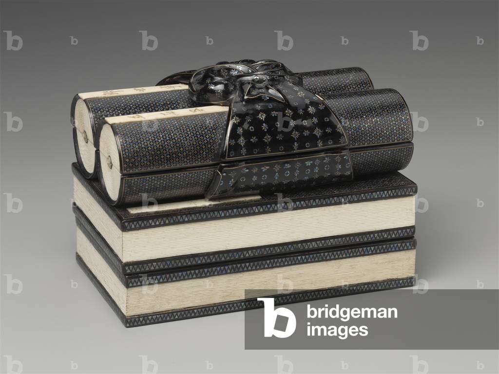 Lacquered box in the shape of two books and two scrolls, c.1790 (wood, lacquer, mother of pearl & ivory)