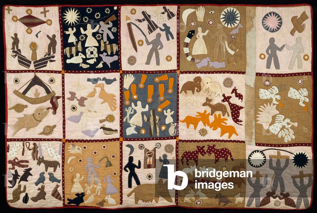 Pictorial quilt, 1895-98 (cotton plain weave, pieced, appliqued, embroidered & quilted)