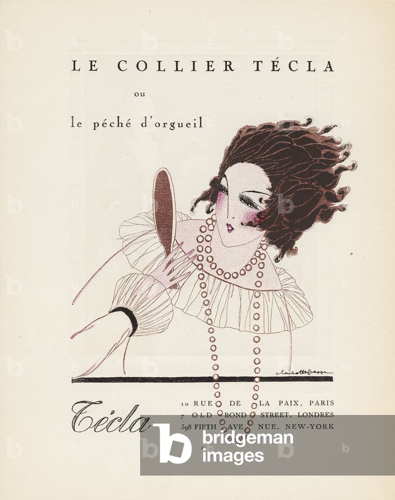 'Le Collier Tecla, ou le peche d'orgueil', advertisement from Gazette du Bon Ton, Volume 2, no.6, p.L, July 1920 (coloured etching)
