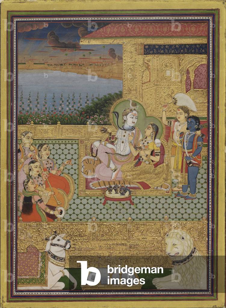 Uma-Maheshvara with Attendants, from Jaipur, Rajasthan, c.1850-1900 (opaque w/c & gold on paper)