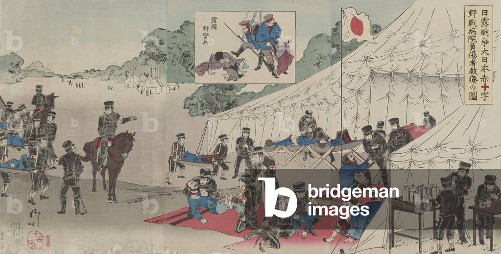 Russo-Japanese War: Great Japanese Red Cross Battlefield Hospital Treating Injured (Nichiro senso dai Nihon Sekijuji yasenbyoin fushosha kyuryo no zu) Meiji era, 1904 (woodblock print, ink & colour on paper)