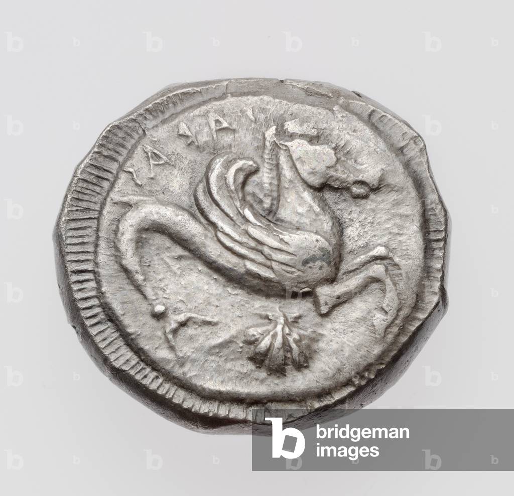 Stater of Taras (Tarentum) with Taras on dolphin, Late Archaic or Early Classic Period, 500-473 BC (silver)