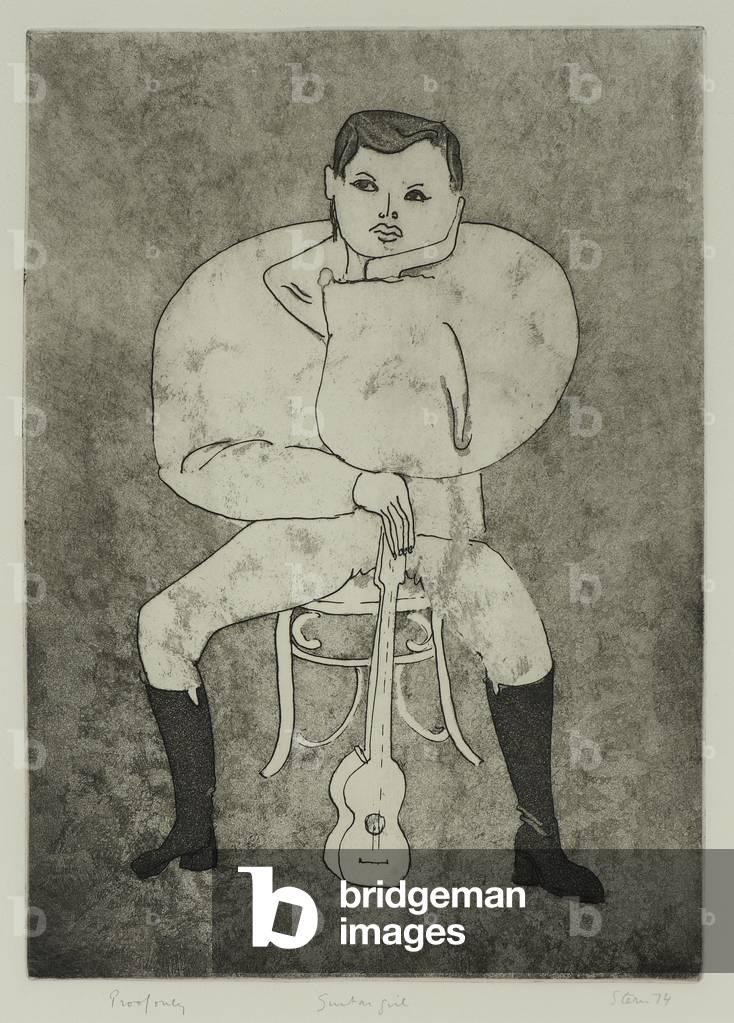 Tcheco with Guitar, 1974 (drypoint & aquatint on paper)