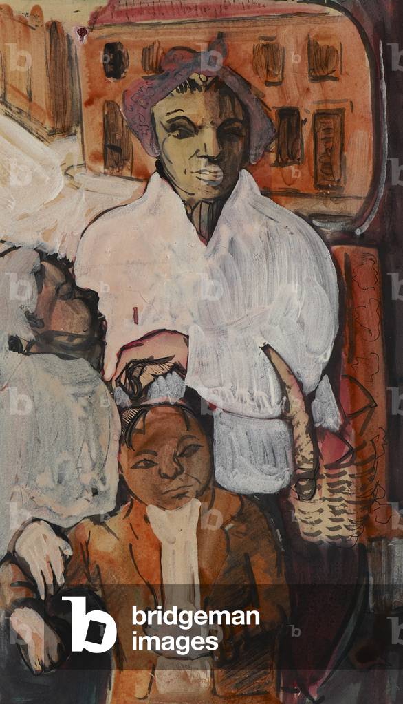 On the Bus, 1956 (w/c, pen & ink on paper)