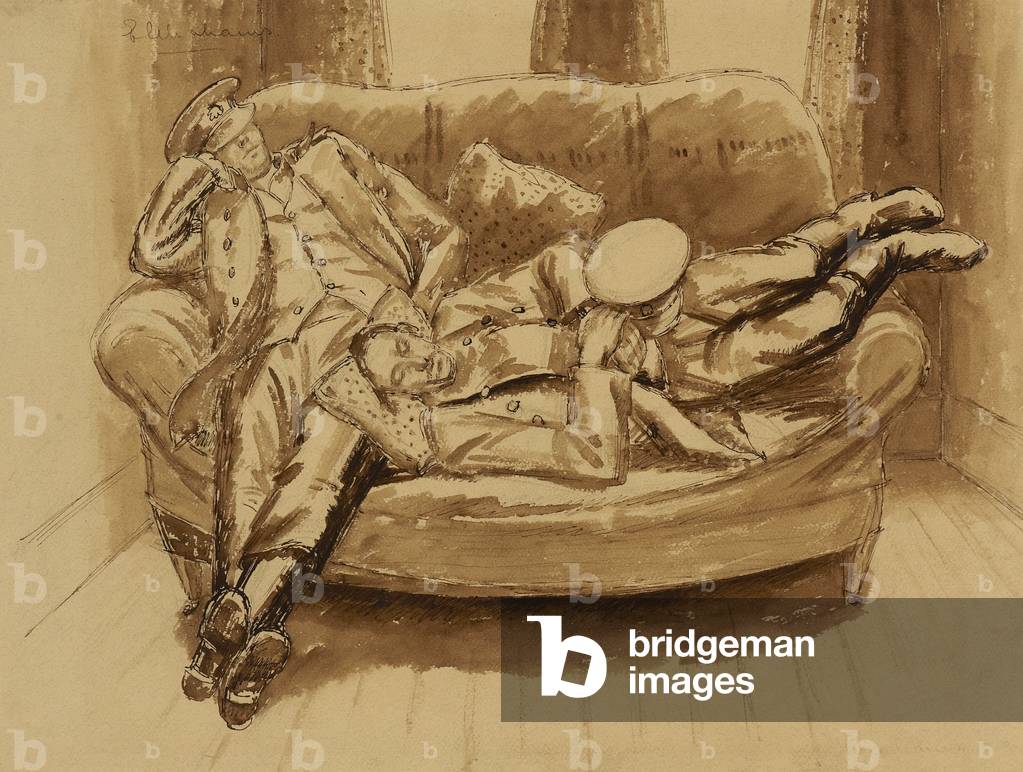 Two Sleeping Soldiers, c. 1941 (pen & ink with brown wash)