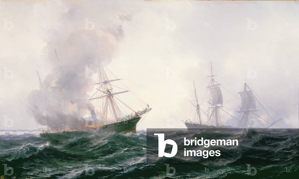A ship on fire at sea, with another standing by (oil on canvas)