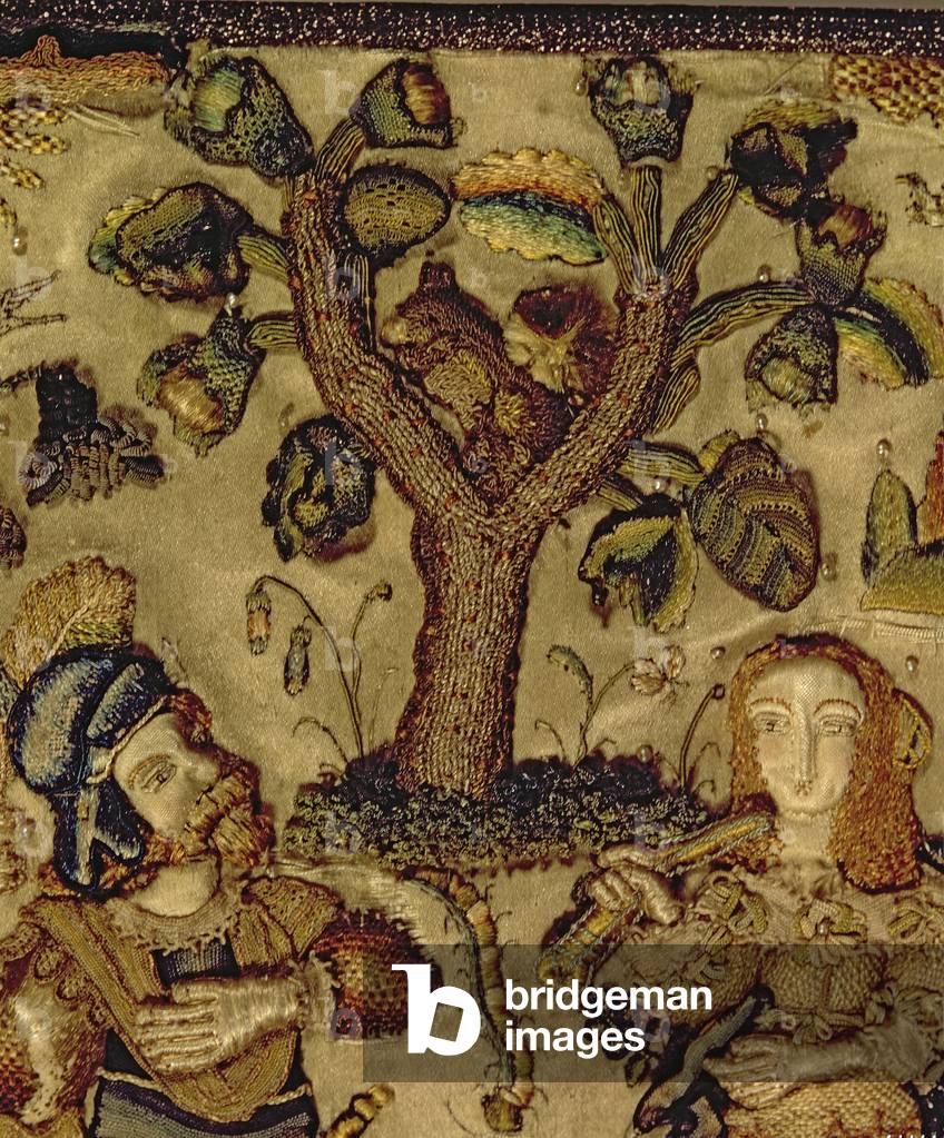 Stumpwork depicting a couple under a tree, detail from the lid of a casket (silk)