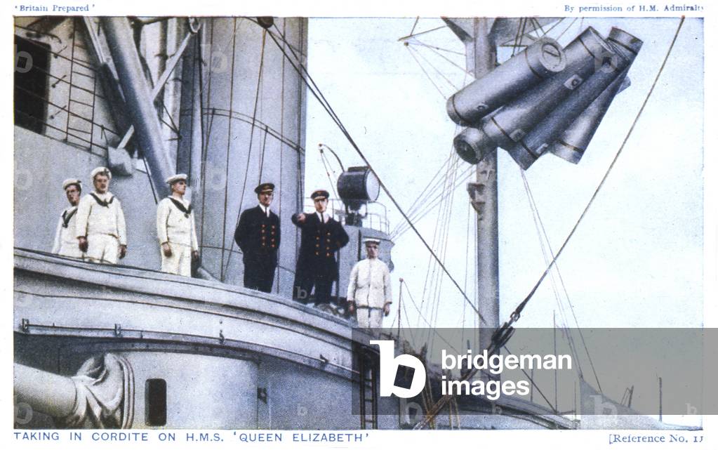 Postcard: 'Britain Prepared - Taking in Cordite on HMS Queen Elizabeth', c.1914 (print)