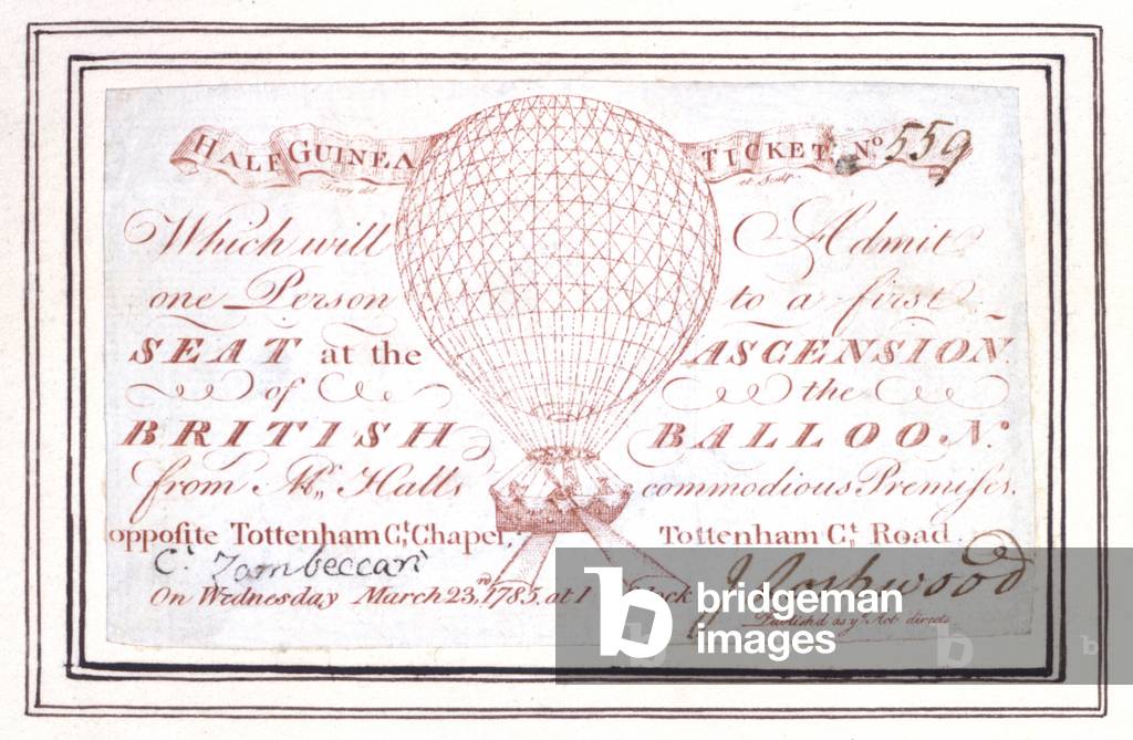Half guinea ticket for balloon ascent at Tottenham Court Road, London, March 23 1785 (print)