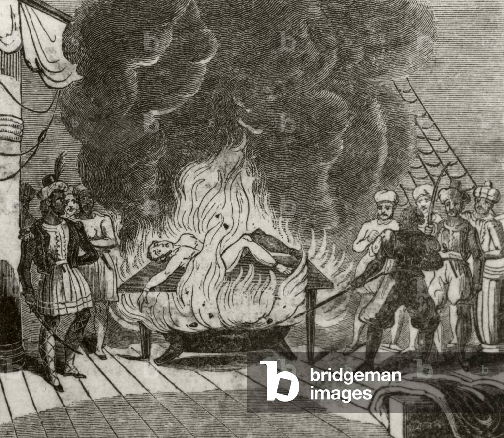 'Angora, the Indian pirate, roasting the English captain alive', c.1836