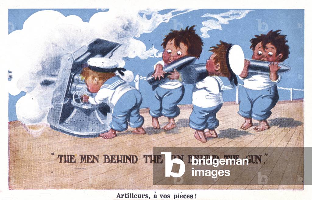 'The Men Behind the Man Behind the Gun', comic postcard, early 20th century (print)