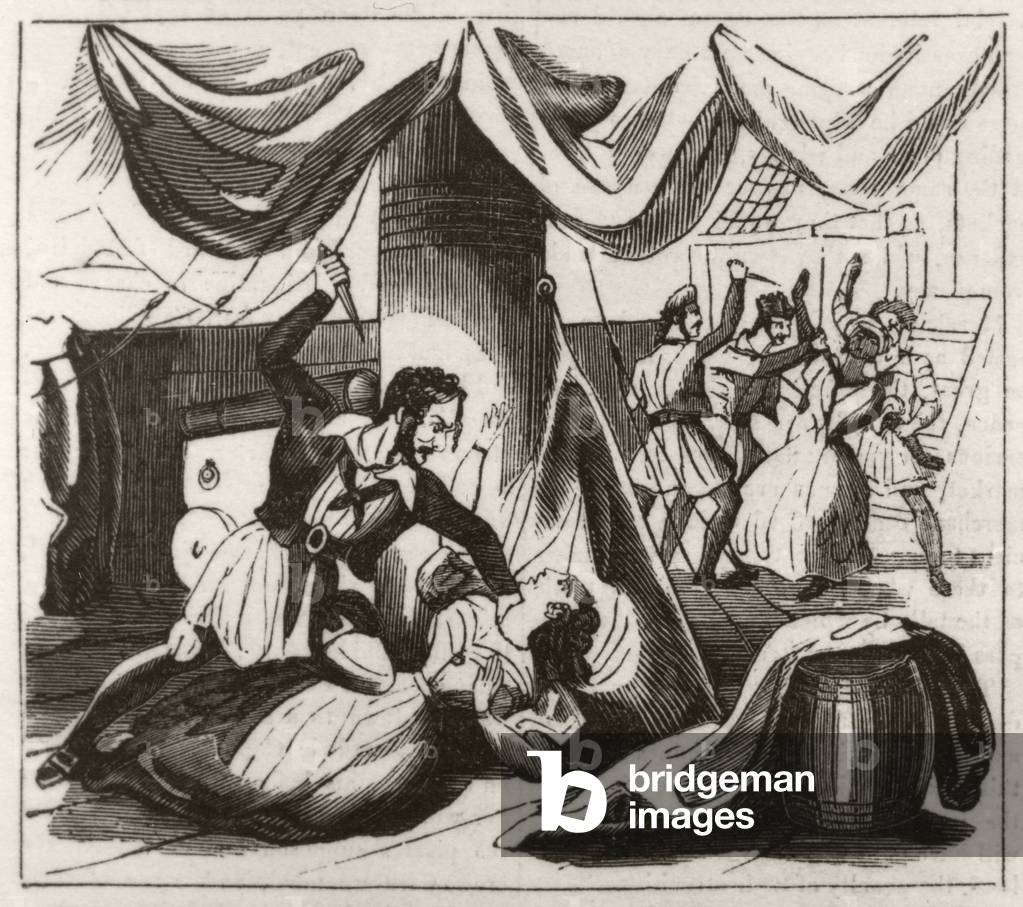 Piracy and murder on board the brig 'Islam': 'Miss Campbell and her black servant murdered by a pirate crew', c.1836