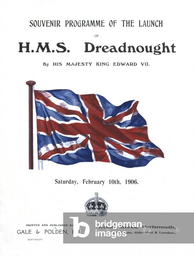 Cover of 'Souvenir Programme of the Launch of HMS Dreadnought by His Majesty King Edward VII', February 10th 1906 (print)