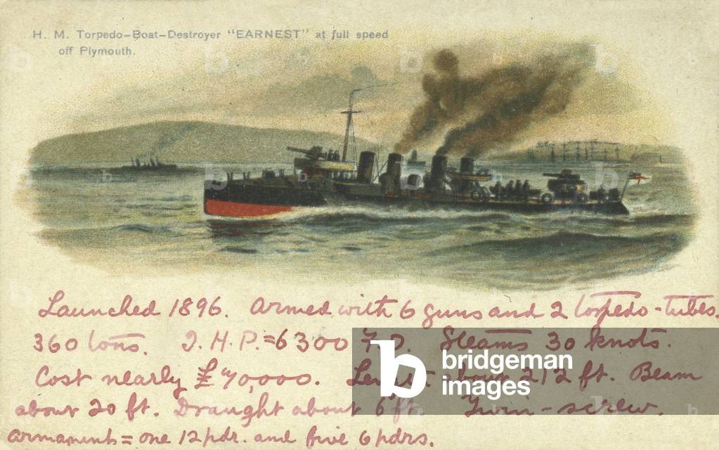 'H.M. Torpedo Boat Destroyer 'Earnest' at full speed off Plymouth,' (print)