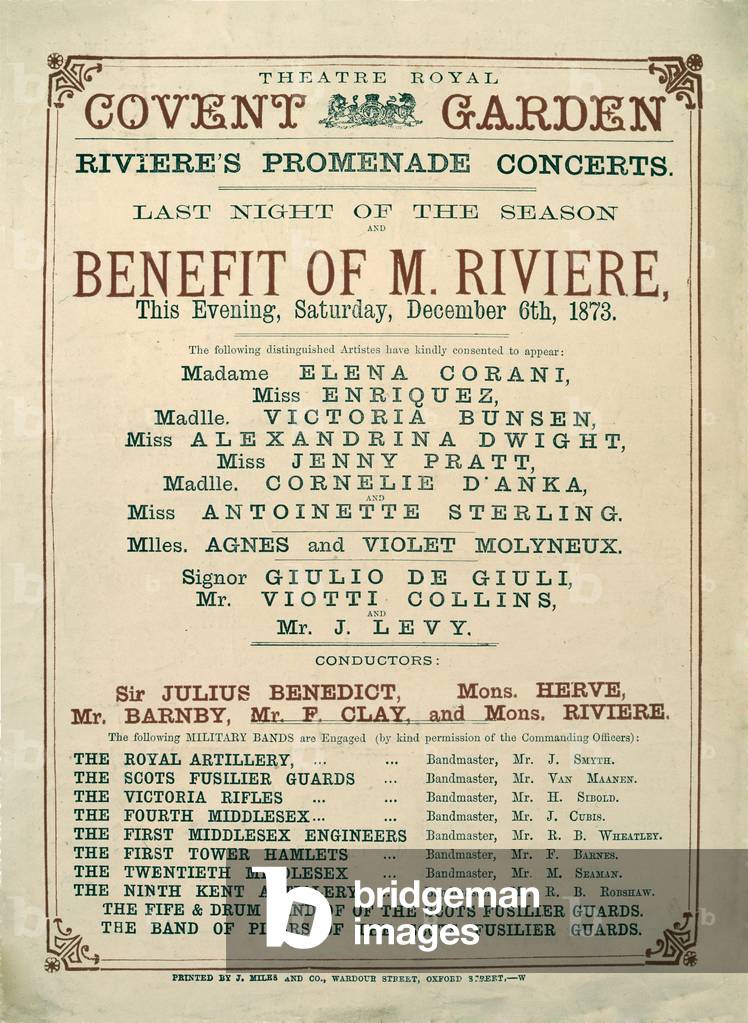 Announcement for Riviere's Promendade Concerts at the Theatre Royal, Covent Garden on 6 December 1873, c.1873