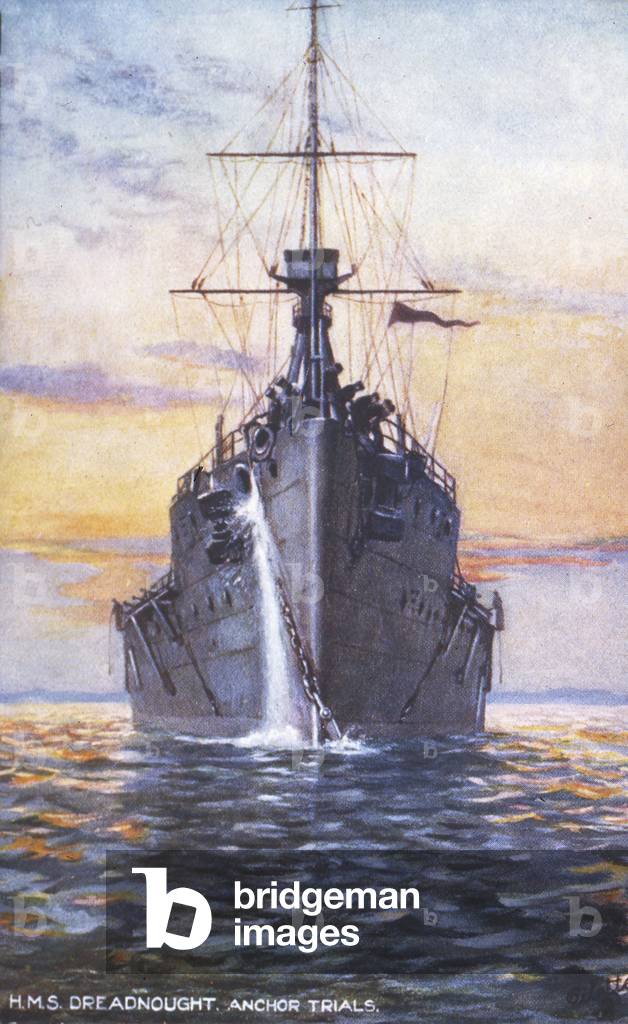 HMS Dreadnought, anchor trials, Royal Navy postcard, early 20th century (print)