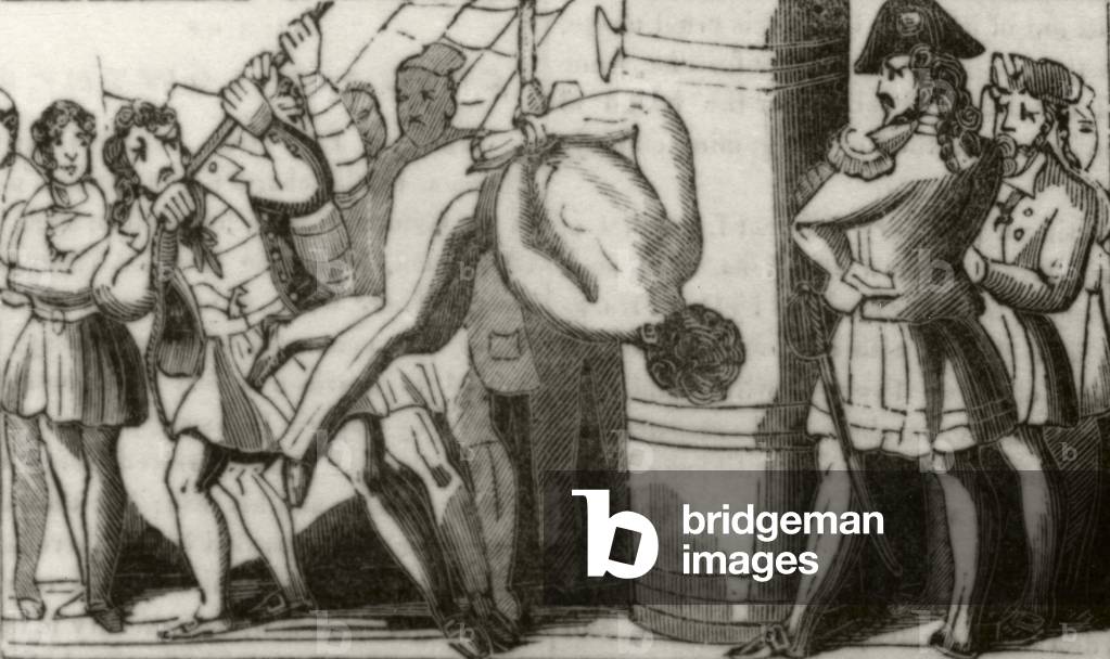 'Spriggs hoisting the crew of a Boston schooner up to the foretop, and then letting them fall on deck', c.1836