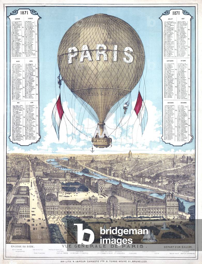General View of Paris and list of balloon departure locations during the Paris Siege, 1871 (print)