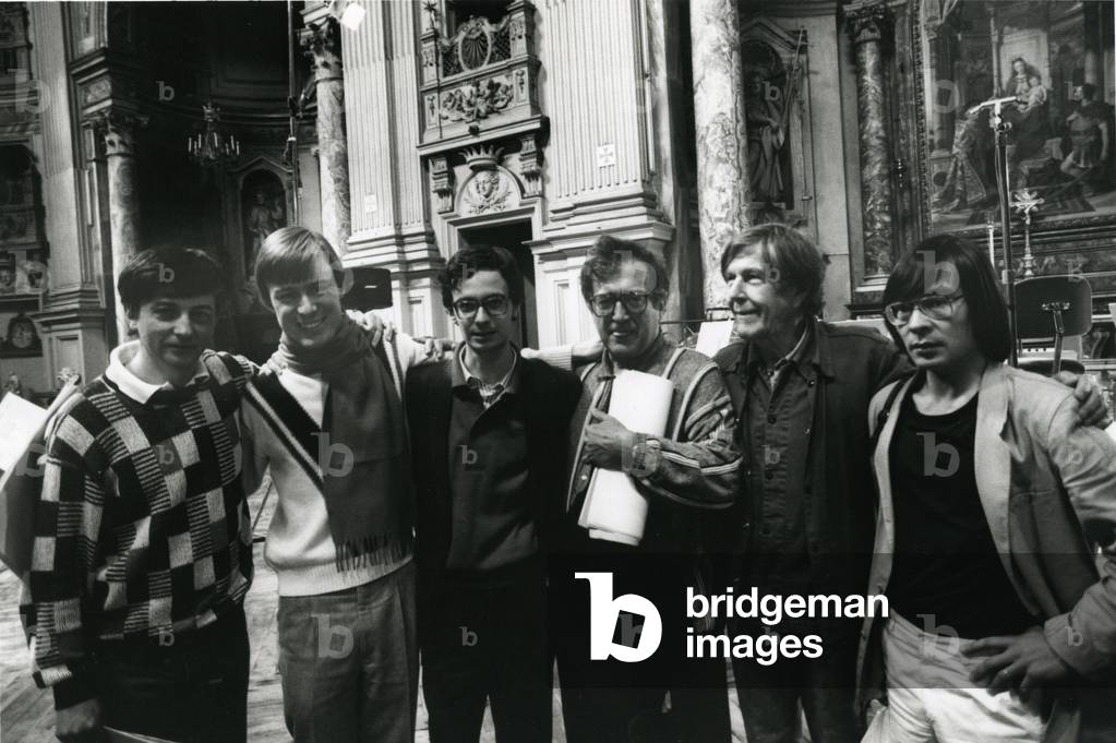 John Cage with composers, 1987 (photo)