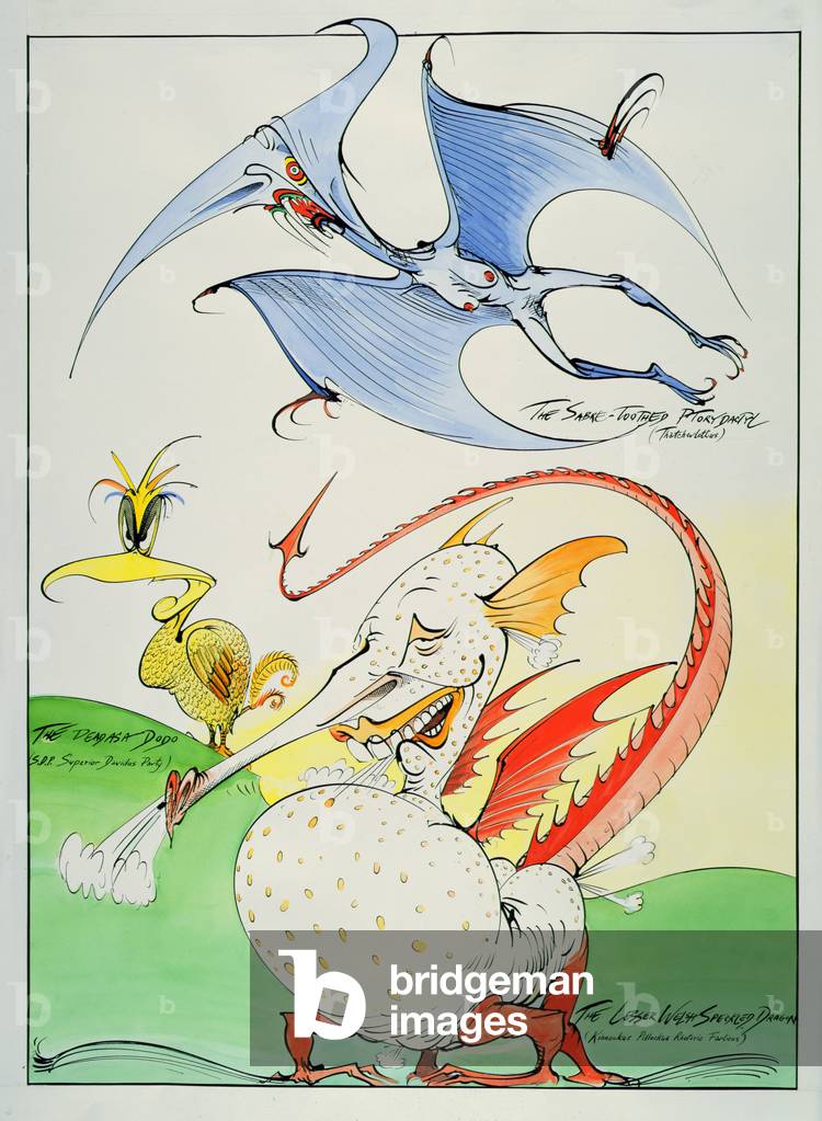 The Lesser Welsh Speckled Dragon (Kinnockus Pillockus Rhetoric) and the Sabre-Toothed Ptorydactyl (Thatcherlottus), 1989 (pen & ink, w/c, gouache on paper)