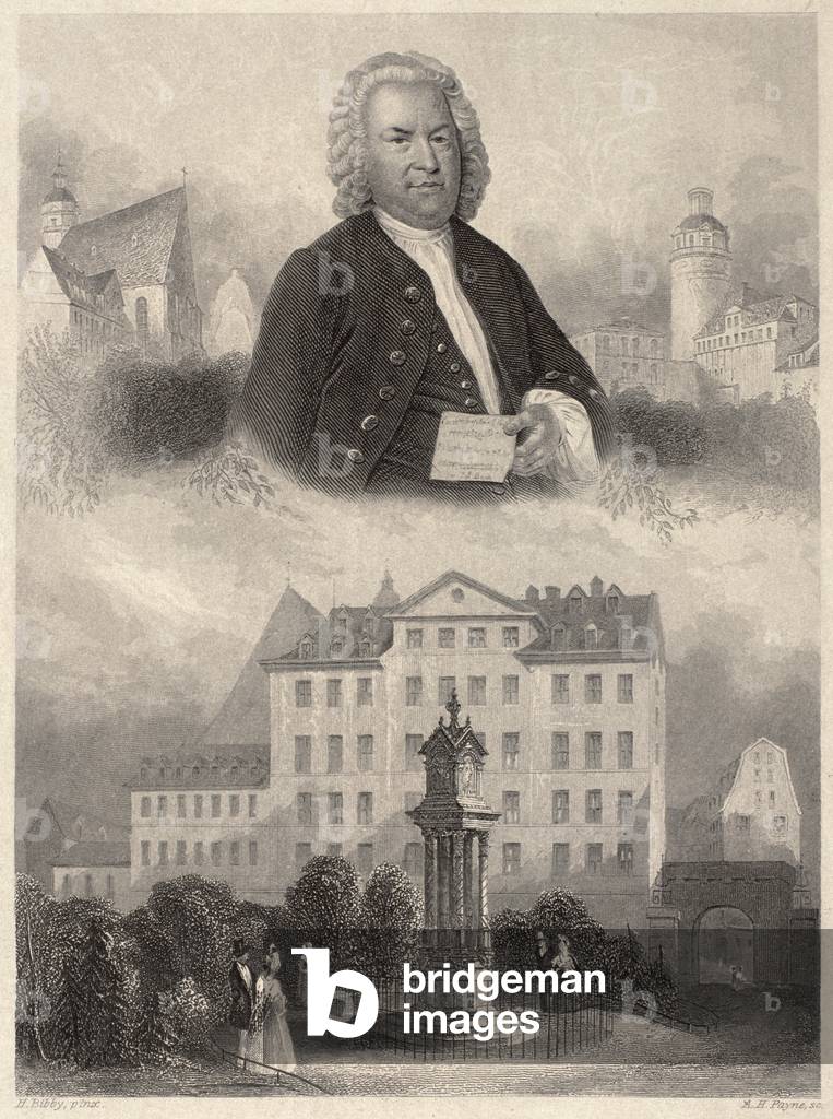 Portrait of Johann Sebastian Bach, Bach's Monument and St. Thomas Church and School in Leipzig, c. 1860 (engraving)
