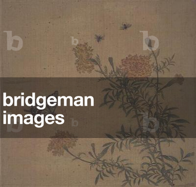 Butterfly with marigolds and insects, (w/c on silk)