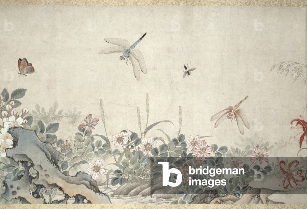 Flowers and Dragonflies, (painting, hanging scroll)