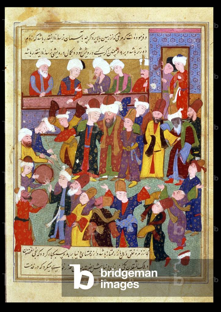 Musicians and Dervishes (detail) from Nafahat al Uns, 1595 (illumination)