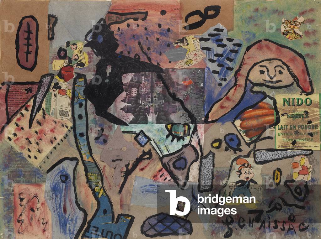 Collage of advertising papers and illustrations, 1953/54 (collage & w/c on paper)