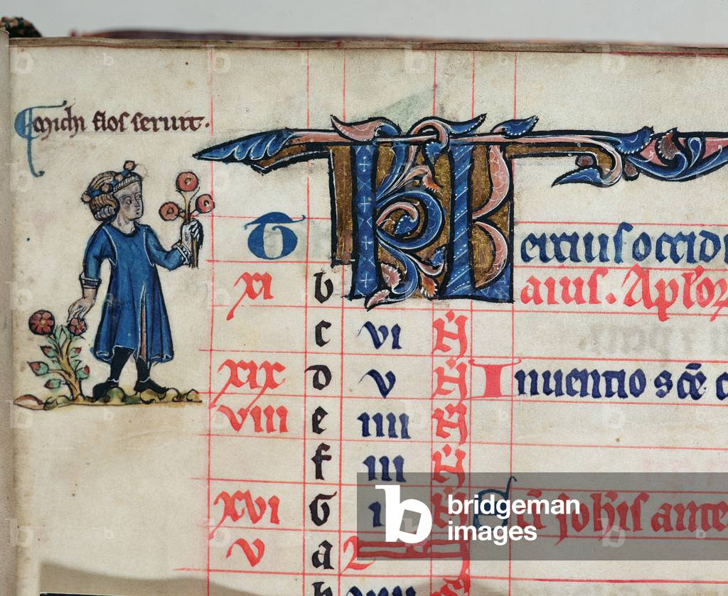 MS CCC 285 f.5 A figure picking flowers, illustration for May from the calendar of a psalter, English, c.1250-75 (parchment)